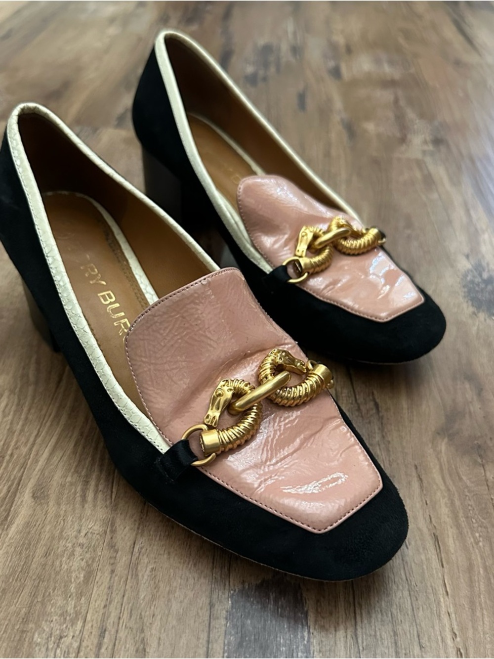 Tory Burch Jessa Black Suede Pink Patent Leather Gold Horse Bit Heel 
 Loafer